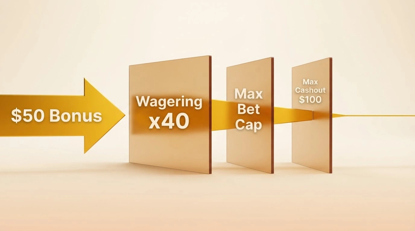 A simplified visual showing a “$50 bonus” arrow passing through three narrowing gates labelled Wagering x40, Max Bet Cap, and Max Cashout $100, emerging as a much smaller withdrawal amount