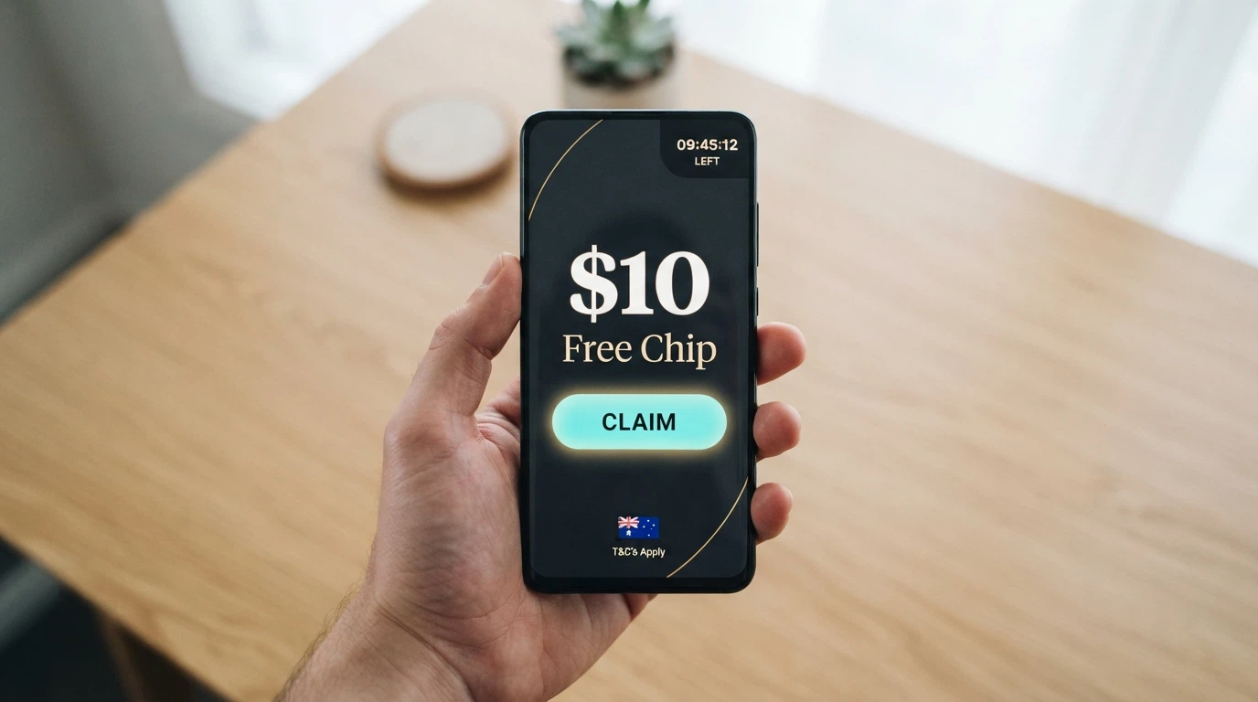 A casino promotions screen showing a “Claim Your A$10 Free Chip” banner with a countdown timer beside it and the word “No Deposit Required” in the corner.