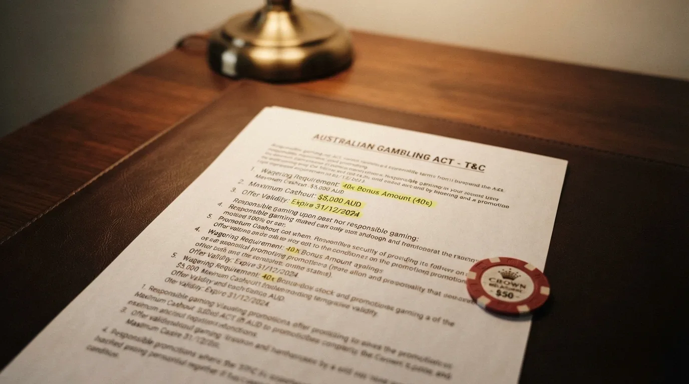 A close-up of a casino bonus terms panel highlighting the wagering multiplier, max cashout figure and expiry date