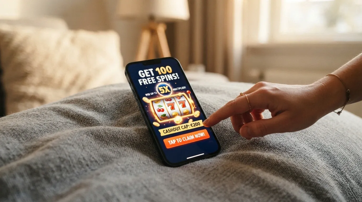 A mobile phone screen displaying a free-spins claim screen with wagering-requirement and max-cashout terms highlighted