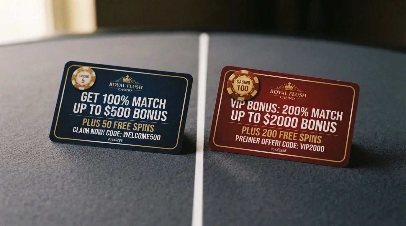 A side-by-side comparison of two casino bonus offer cards, one labelled no-deposit free spins with a small cashout cap, the other a deposit-match with a higher ceiling