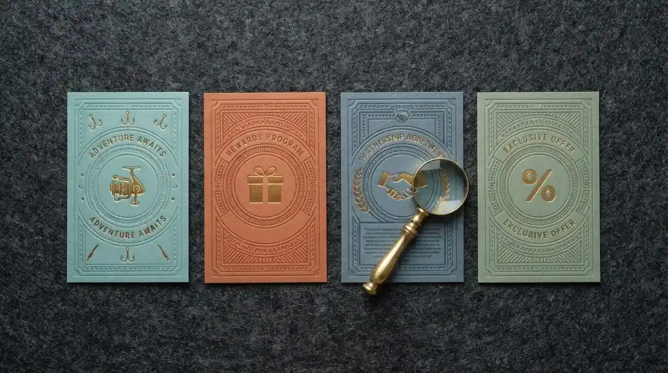 A set of four stylised bonus cards laid out on a table, each labelled with a different bonus type — Free Spins, No Deposit, Welcome Package, Low Wagering — with a magnifying glass over the fine-print section of one card