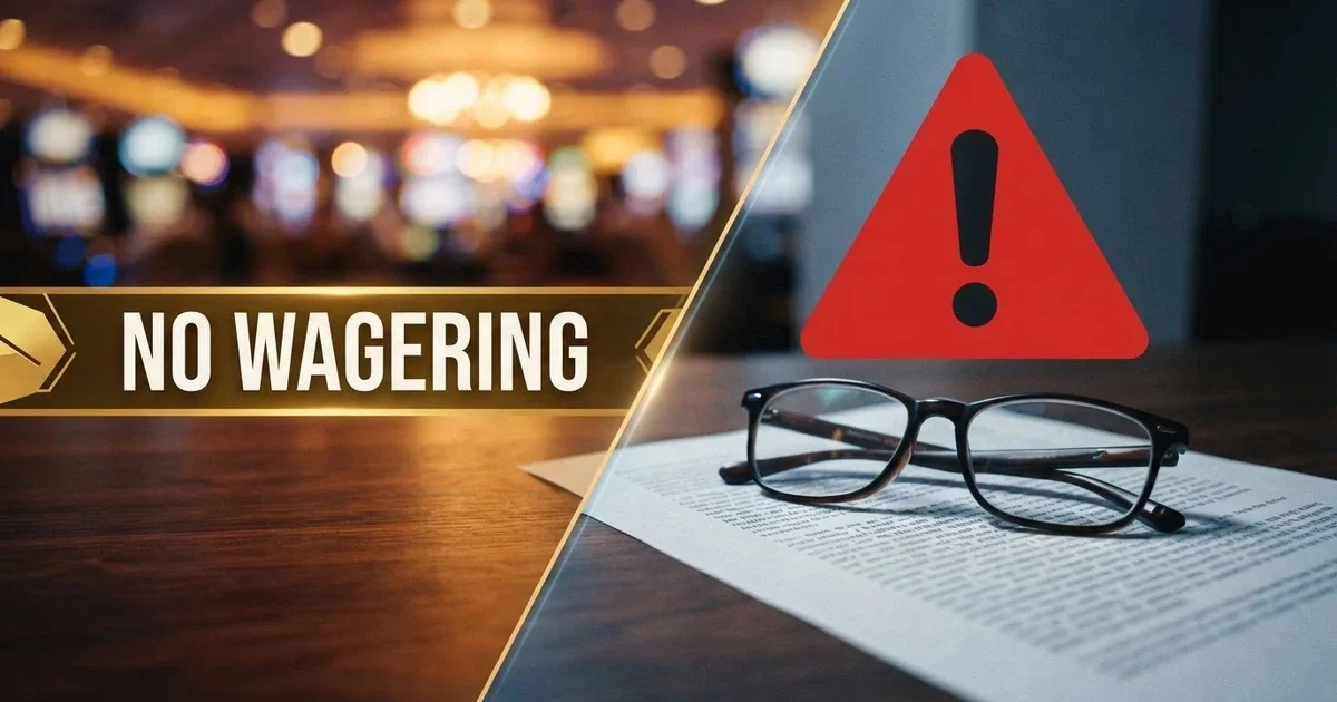 A split-screen image: one side shows a casino bonus banner with “No Wagering” in bold text, the other side shows an Australian consumer warning symbol with a document labelled “Interactive Gambling Act 2001”