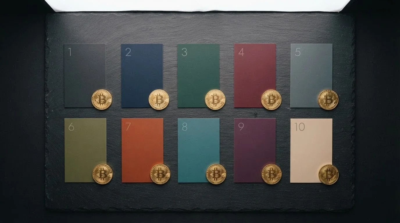 A grid of ten casino-brand placeholder cards arranged in ranked order with Bitcoin symbols beside each