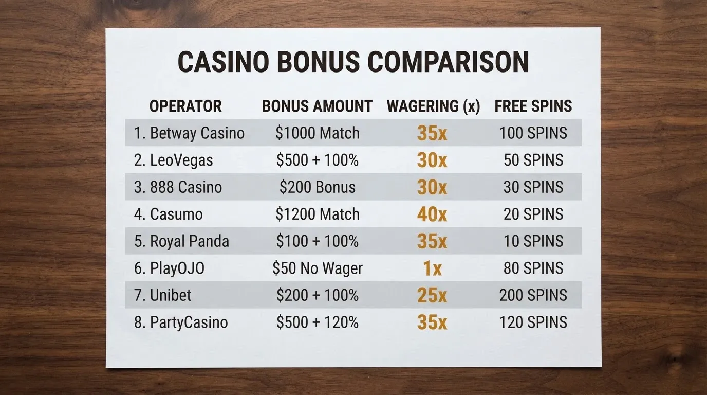 A comparison-table layout showing operator names alongside bonus amounts, wagering multipliers and free-spin counts