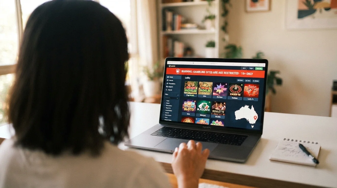 A laptop screen displaying a comparison grid with casino names and AU licence-status indicators, with an Australian map in the background and a red “no licence” marker visible