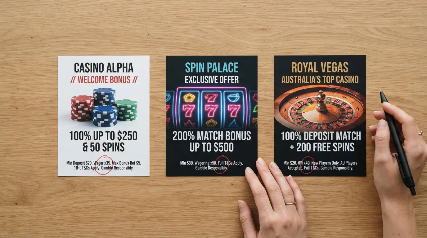 A side-by-side layout of casino brand cards with bonus terms in small text, suggesting comparison shopping