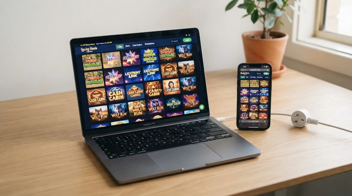 A laptop screen showing an online casino lobby with pokie thumbnails, beside a mobile phone showing the same casino, with an Australian power plug visible on the desk