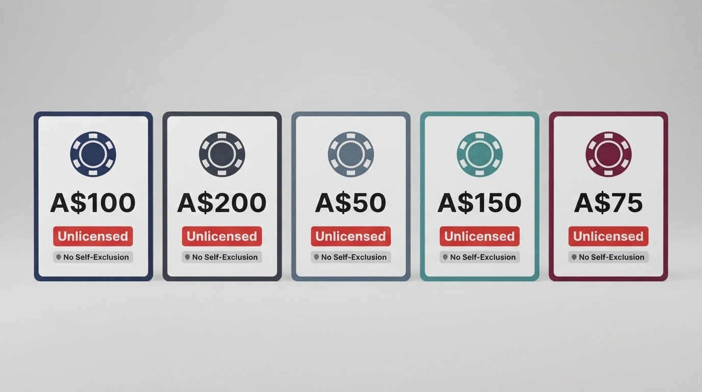A row of casino brand cards arranged side by side, each tagged with a red “Unlicensed in Australia” badge and a “No BetStop” marker, varying bonus figures on each card