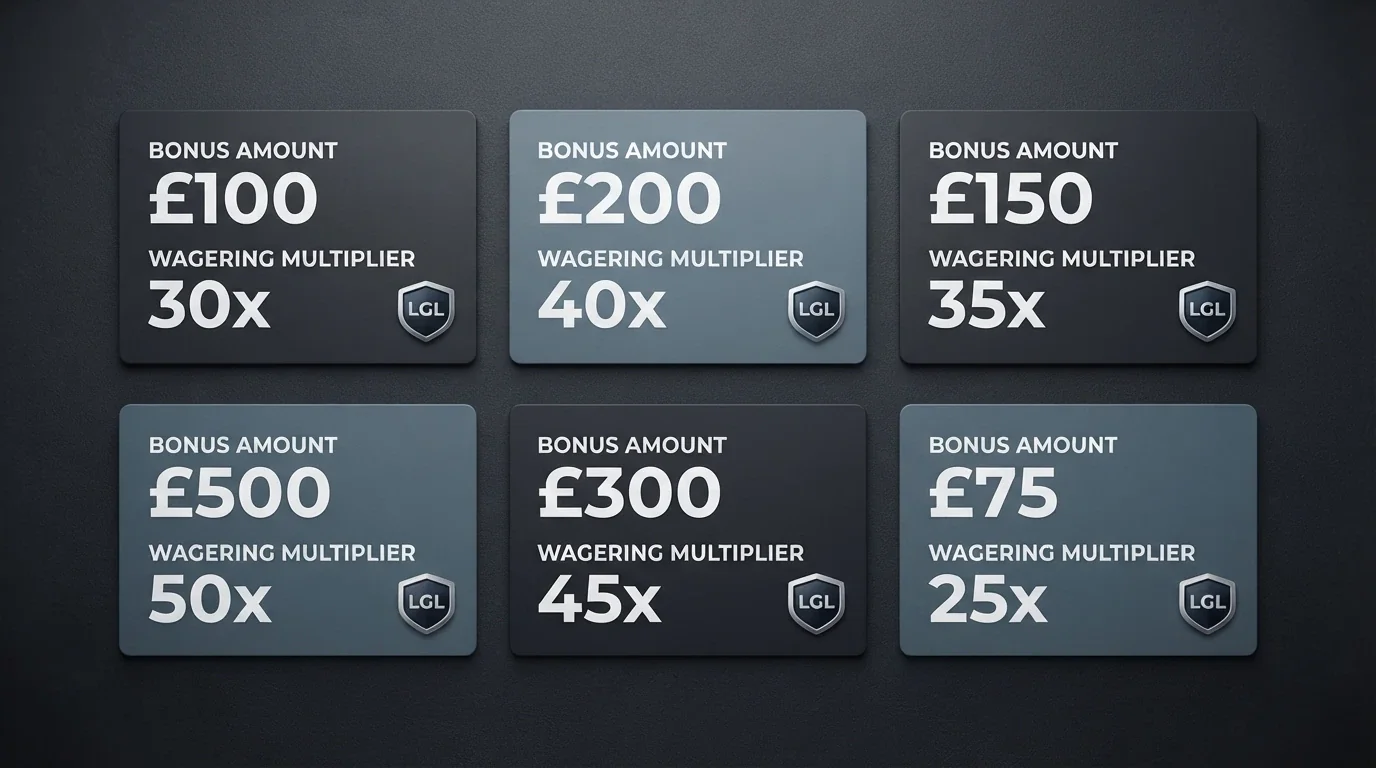 A grid of casino brand cards with bonus amounts, wagering multiples and licence badges arranged for side-by-side comparison