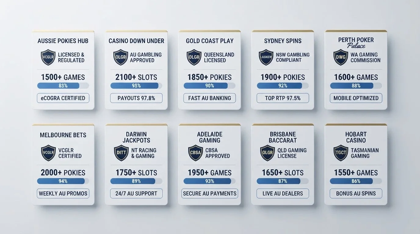 A side-by-side comparison layout of casino cards showing licence badges, game-library counts and bonus figures, styled as a clean infographic