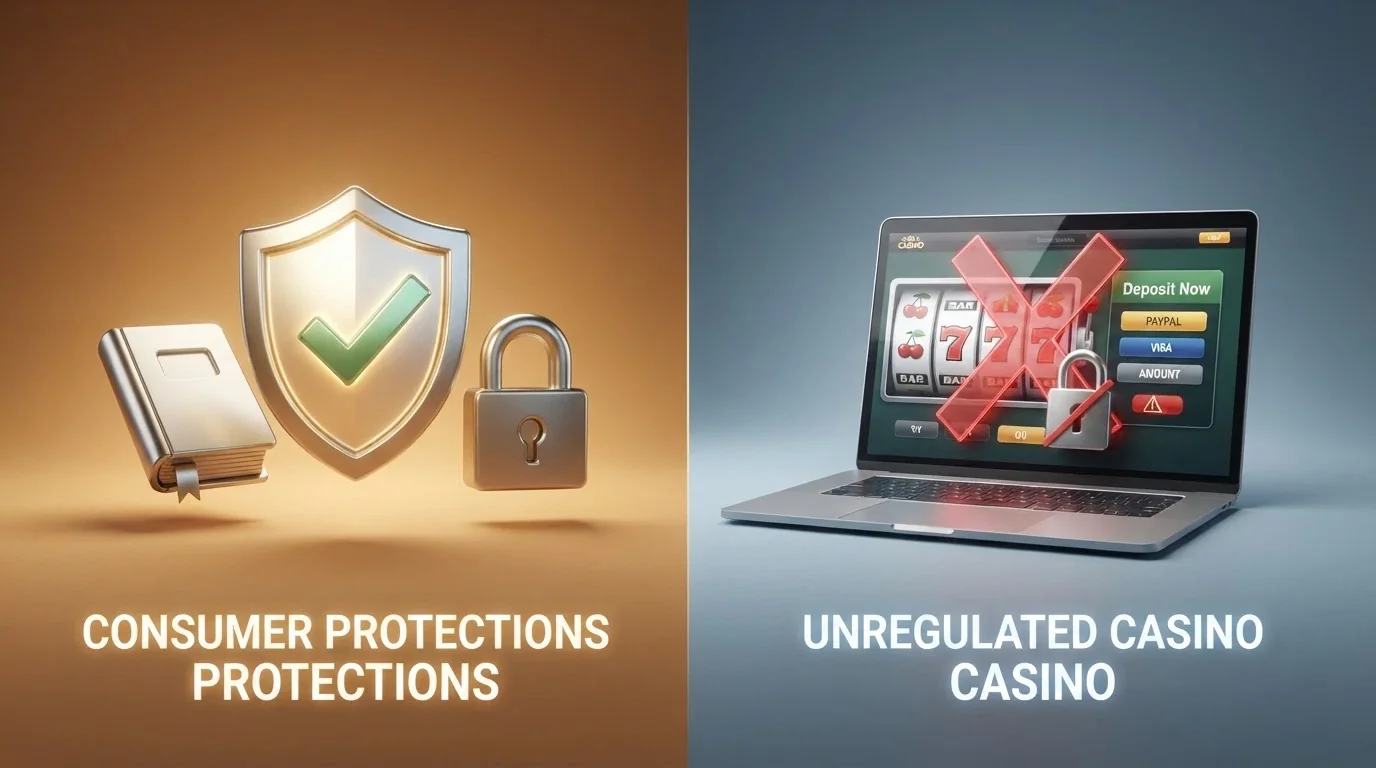 A simplified visual showing the gap between licensed Australian wagering protections (BetStop logo, helpline number, complaints body) on one side and an offshore casino interface on the other with the protections crossed out