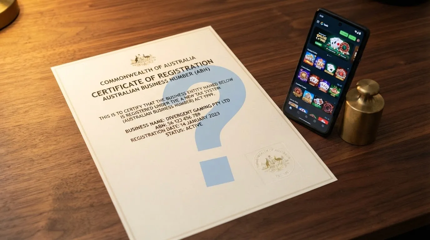 A document or certificate mockup with a question mark overlaid, sitting on a desk beside a smartphone showing a casino lobby