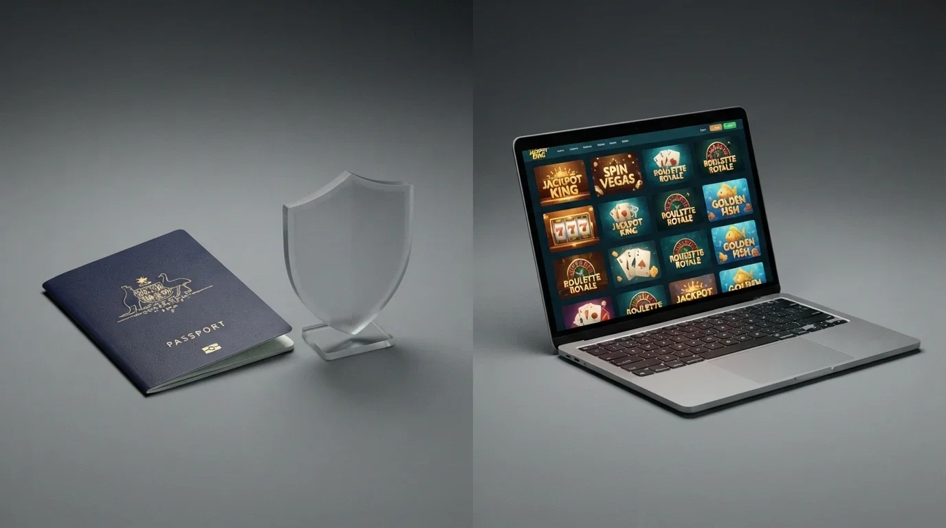 A split composition: an Australian passport on the left beside a greyed-out shield icon, and a laptop screen showing a casino lobby on the right with no shield visible.
