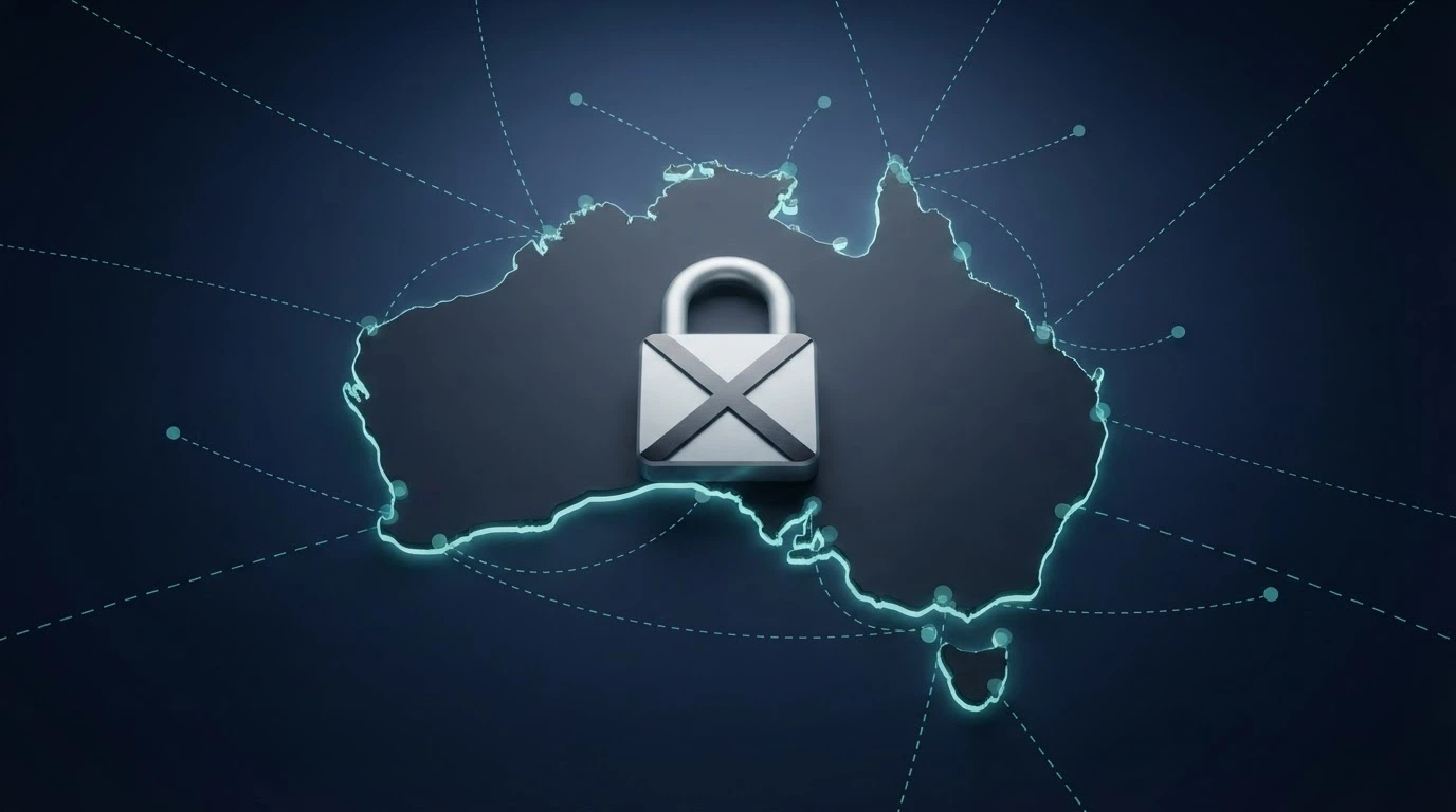 A map of Australia with offshore casino servers shown as distant dots connected by dashed lines, a padlock icon with a cross through it superimposed