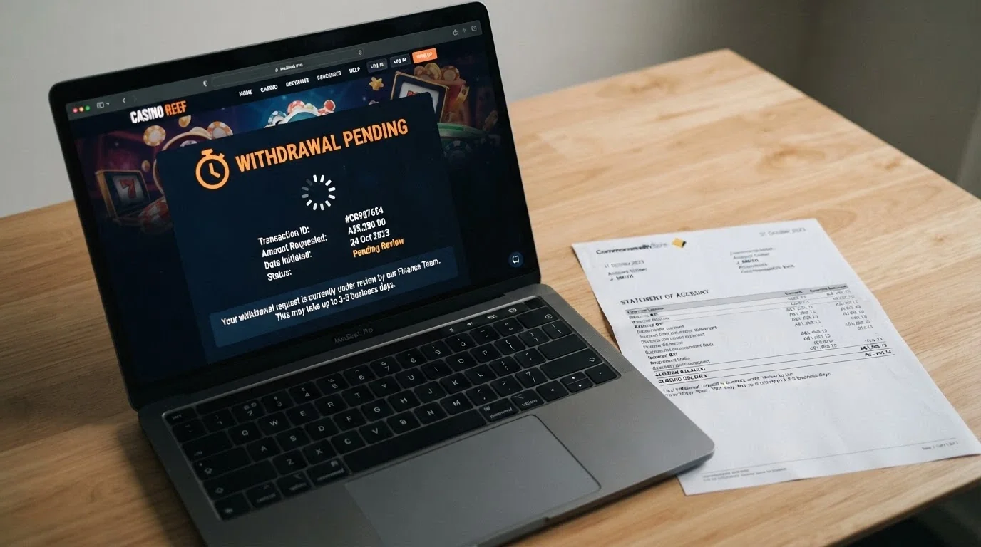 A laptop screen showing an offshore casino withdrawal page stuck on “pending” with an Australian bank statement visible beside it, the balance unchanged
