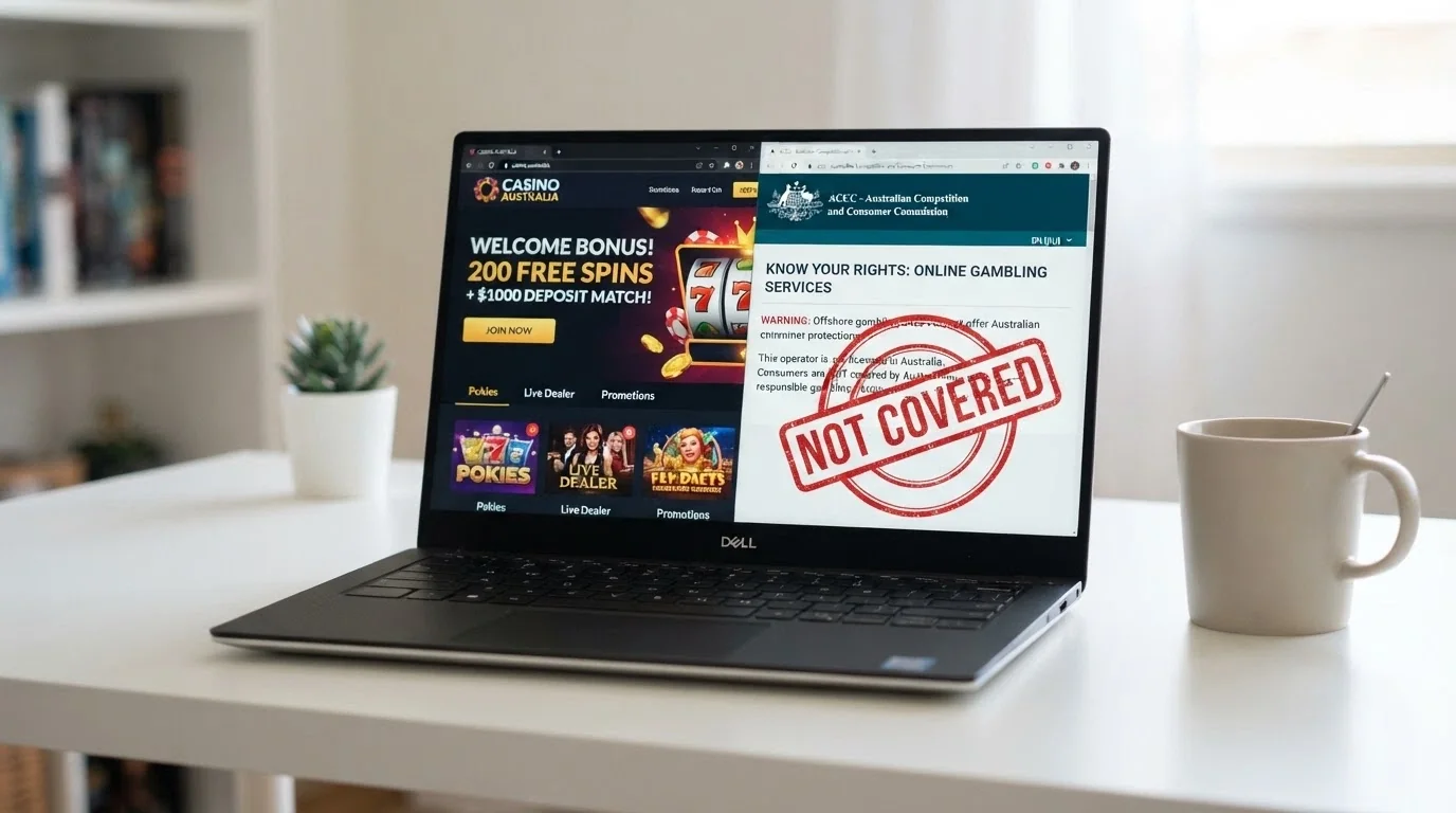 A split composition: on the left, a sleek casino homepage promoting free spins; on the right, an Australian consumer-protection information page with a red “not covered” stamp overlay