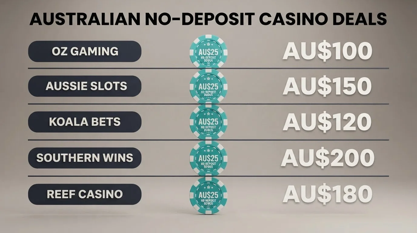 A comparison-table layout showing operator names alongside no-deposit bonus type, wagering multiple and max cashout columns