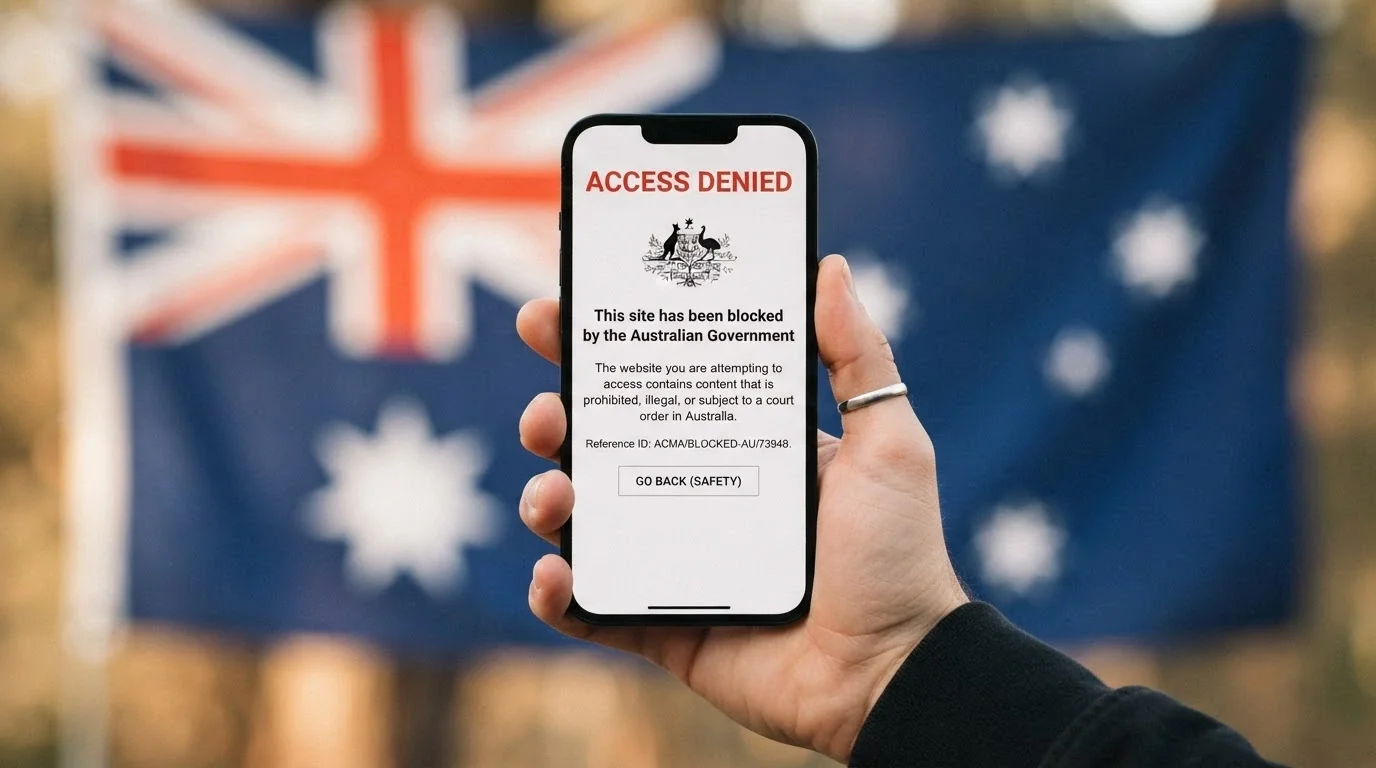 A smartphone screen showing a blocked-website notice with the ACMA logo visible, overlaid on an Australian flag background