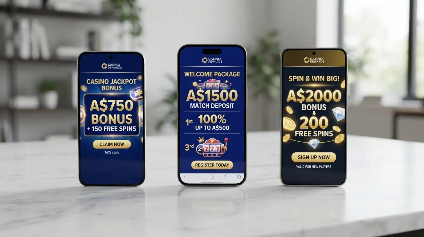 A side-by-side arrangement of mobile phone screens each showing a different casino welcome-offer landing page with AUD bonus figures visible
