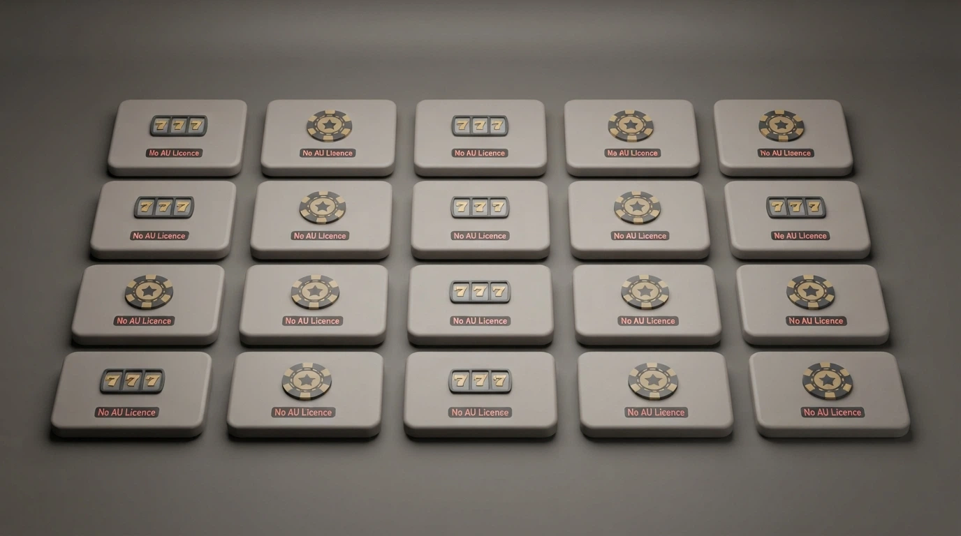 A visual comparison grid: ten casino-brand tiles arranged in a grid, each showing a simplified no-deposit badge (spin count or chip value), with a muted “No AU Licence” marker visible beneath each one