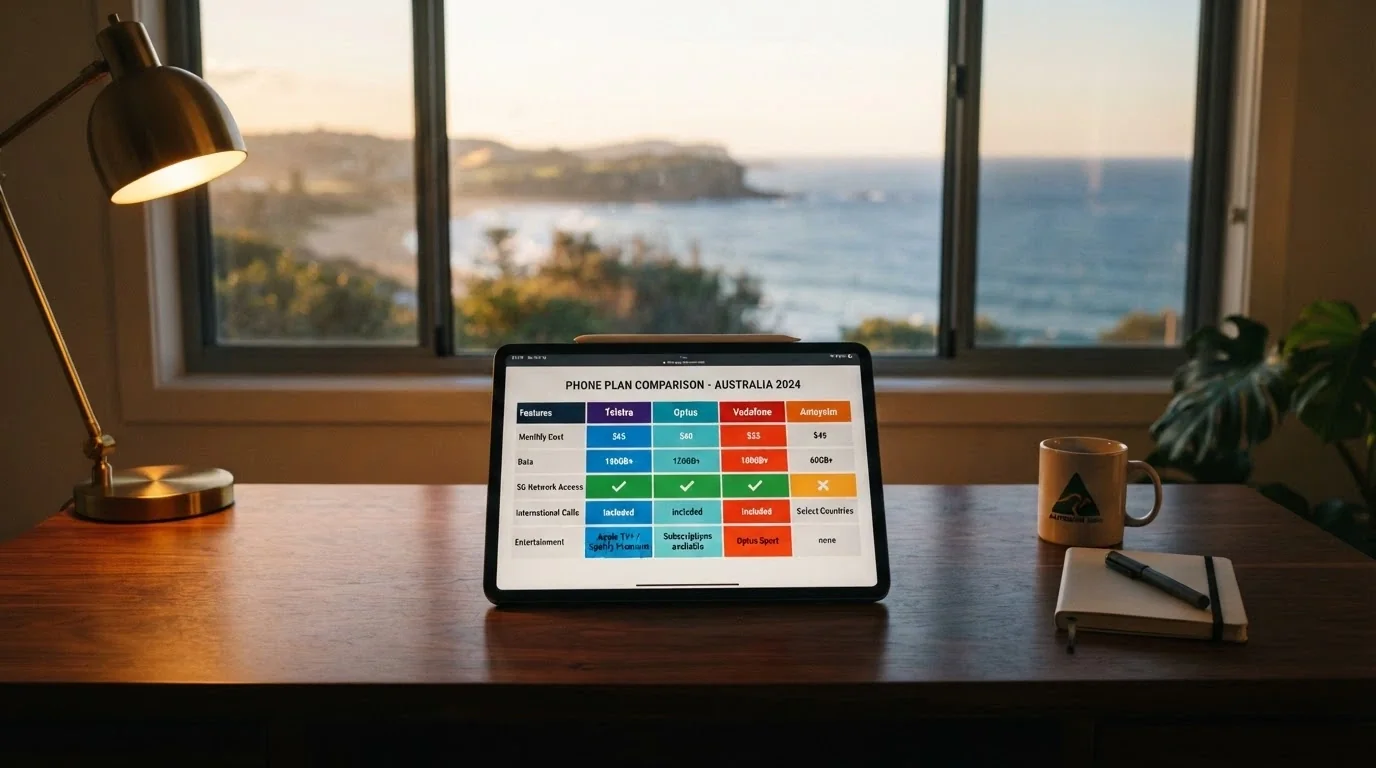 A tablet or laptop screen displaying a comparison grid of casino offers, with the Australian coastline visible through a window in the background