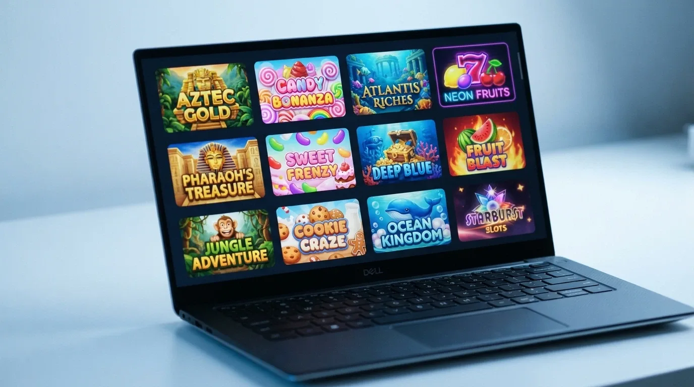 A grid of online pokies thumbnails showing titles from multiple providers in a casino game lobby