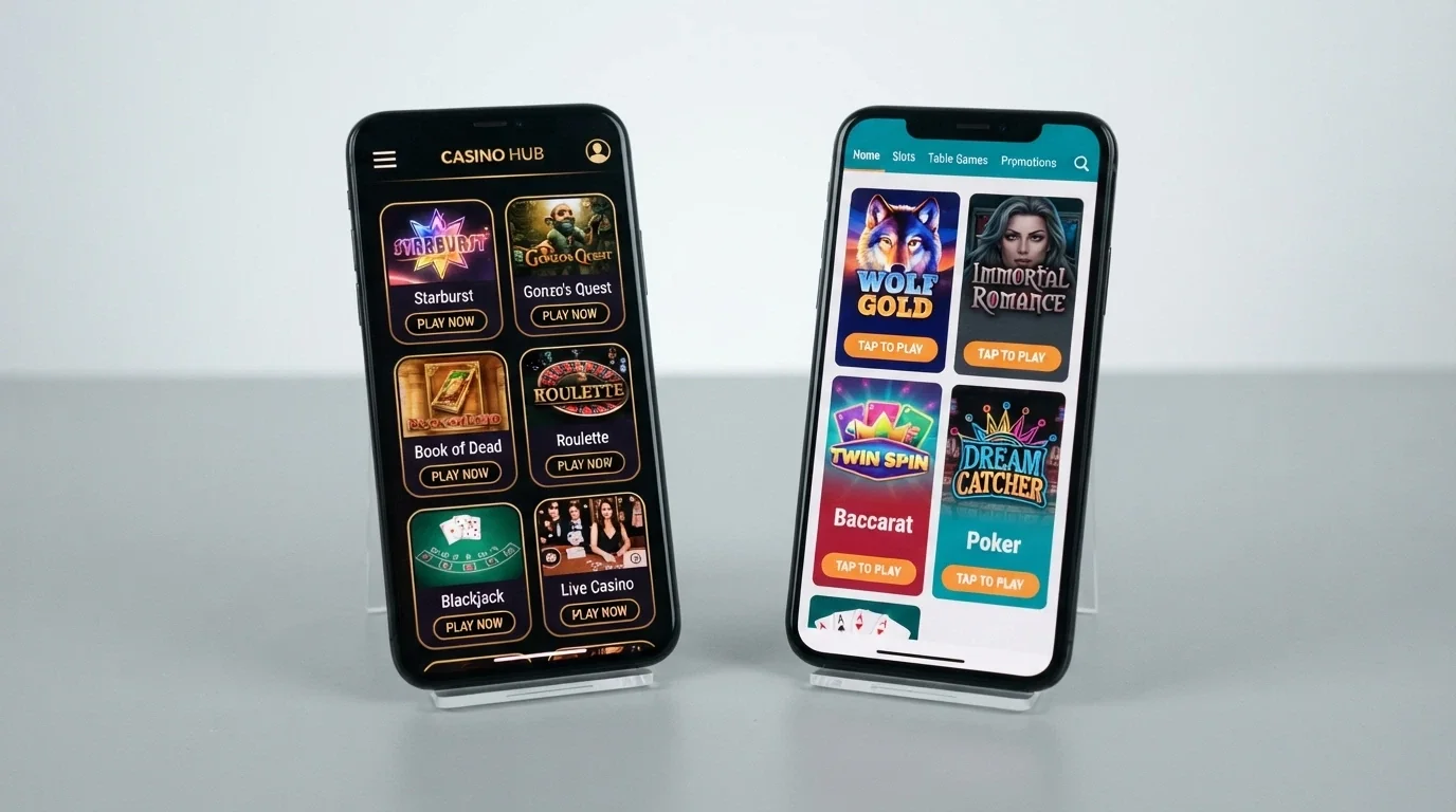 A side-by-side layout of two different offshore casino mobile interfaces on an Android phone screen, showing different navigation styles