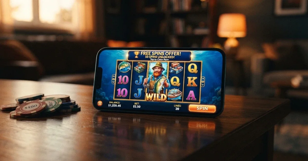 A smartphone screen displaying a colourful online pokie game with a free-spins notification banner overlaid