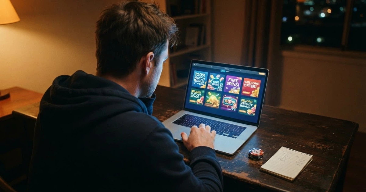 A split screen showing an Australian player on one side and offshore casino bonus offers on the other, with a warning icon between them