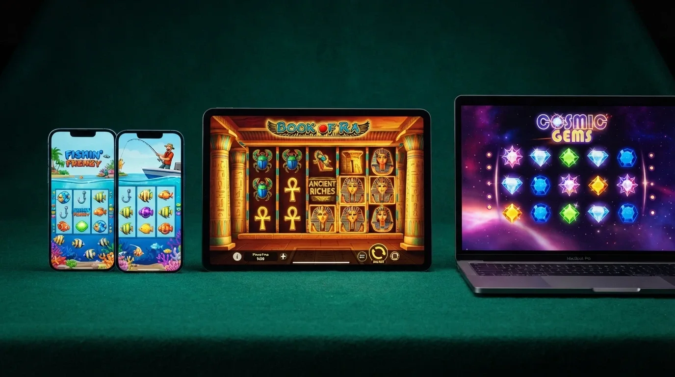 A montage of three colourful online pokie title screens — one with an underwater fishing theme, one with an ancient-Egyptian theme and one with a cosmic gem theme — arranged in a row.