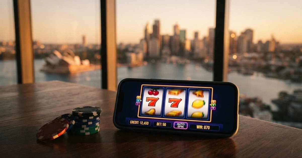 A split composition: colourful online pokies reels and free-spin symbols on one side, a recognisable Australian landscape or city skyline on the other, with a subtle dividing line between them