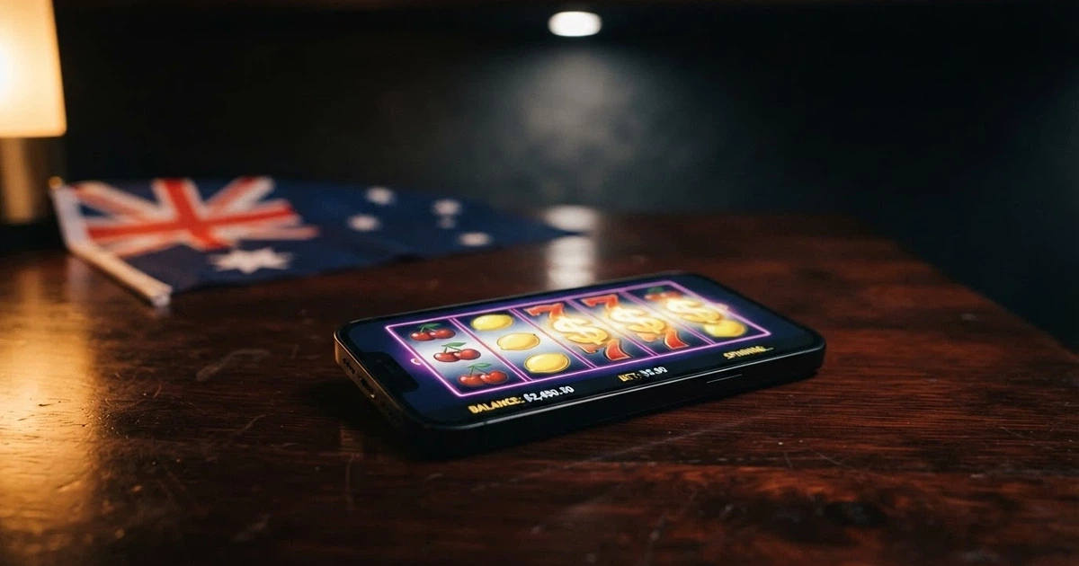 A smartphone screen showing a row of colourful online pokies reels with Australian dollar symbols, overlaid on a dimmed Australian flag background