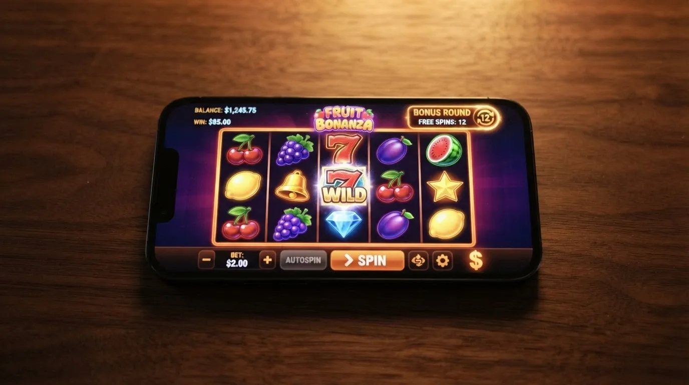 A smartphone showing a pokie game screen with five reels visible, a “Bonus Terms” link highlighted in the corner, and Australian dollar symbols on the bet selector