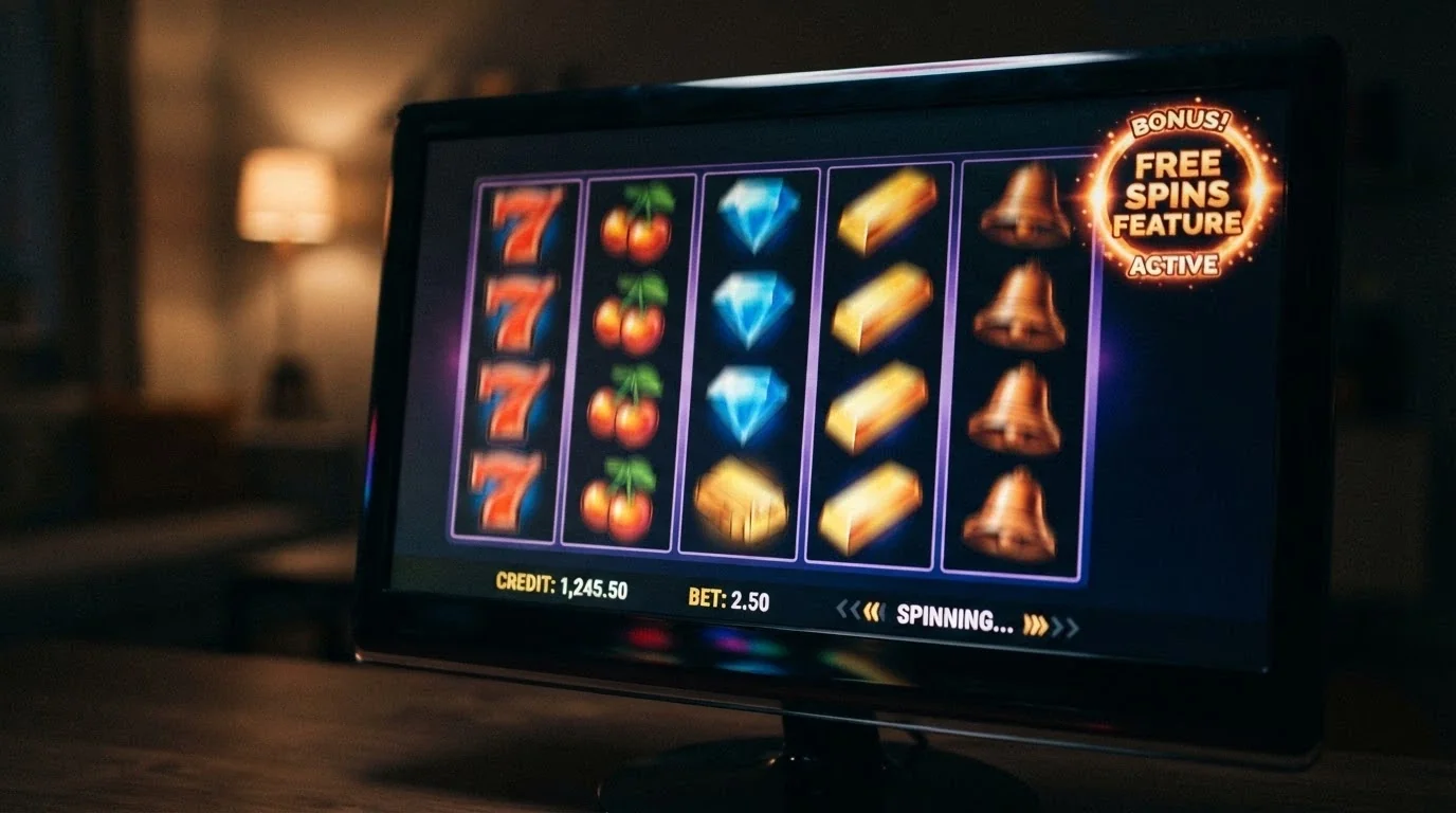 A close-up of an online pokie with five reels spinning, colourful symbols and a bonus-round trigger on screen