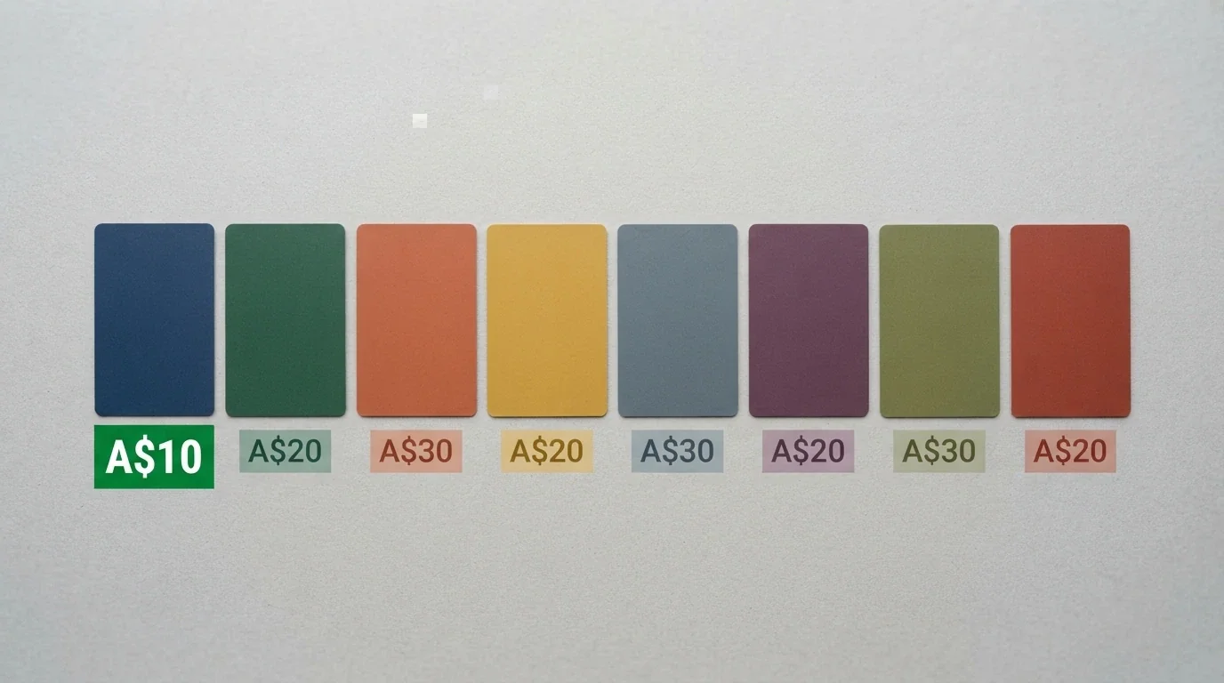 A side-by-side grid of casino-branded cards arranged from left to right, with a highlighted A$10 marker under one card and A$20–30 markers under the rest