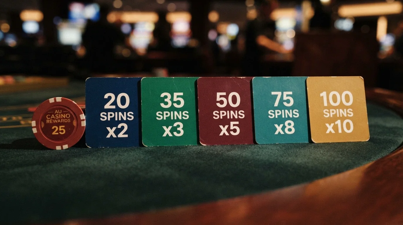 A side-by-side grid of casino bonus cards showing different free-spin counts, wagering multipliers and cashout caps, each card a different colour