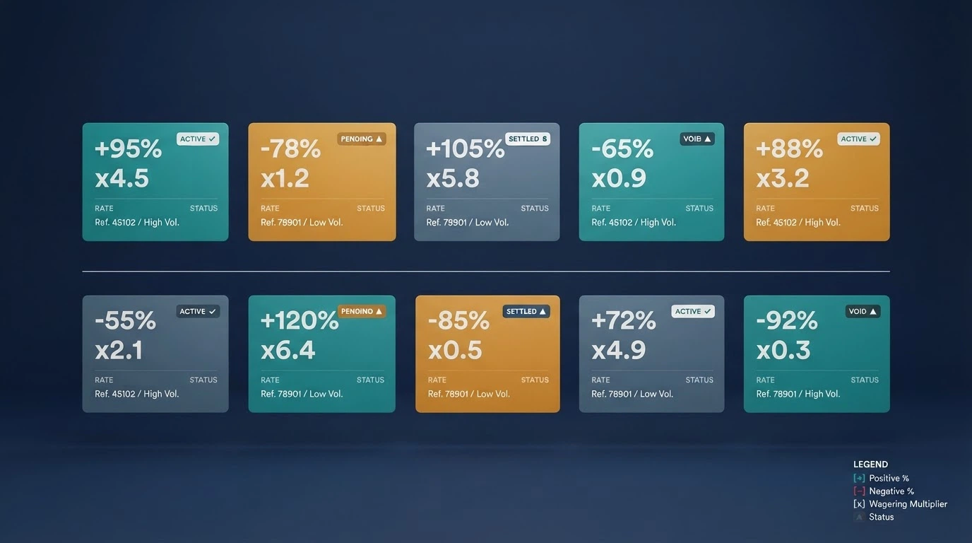 A stylised comparison layout of casino operator cards with bonus figures, wagering multiples and status badges