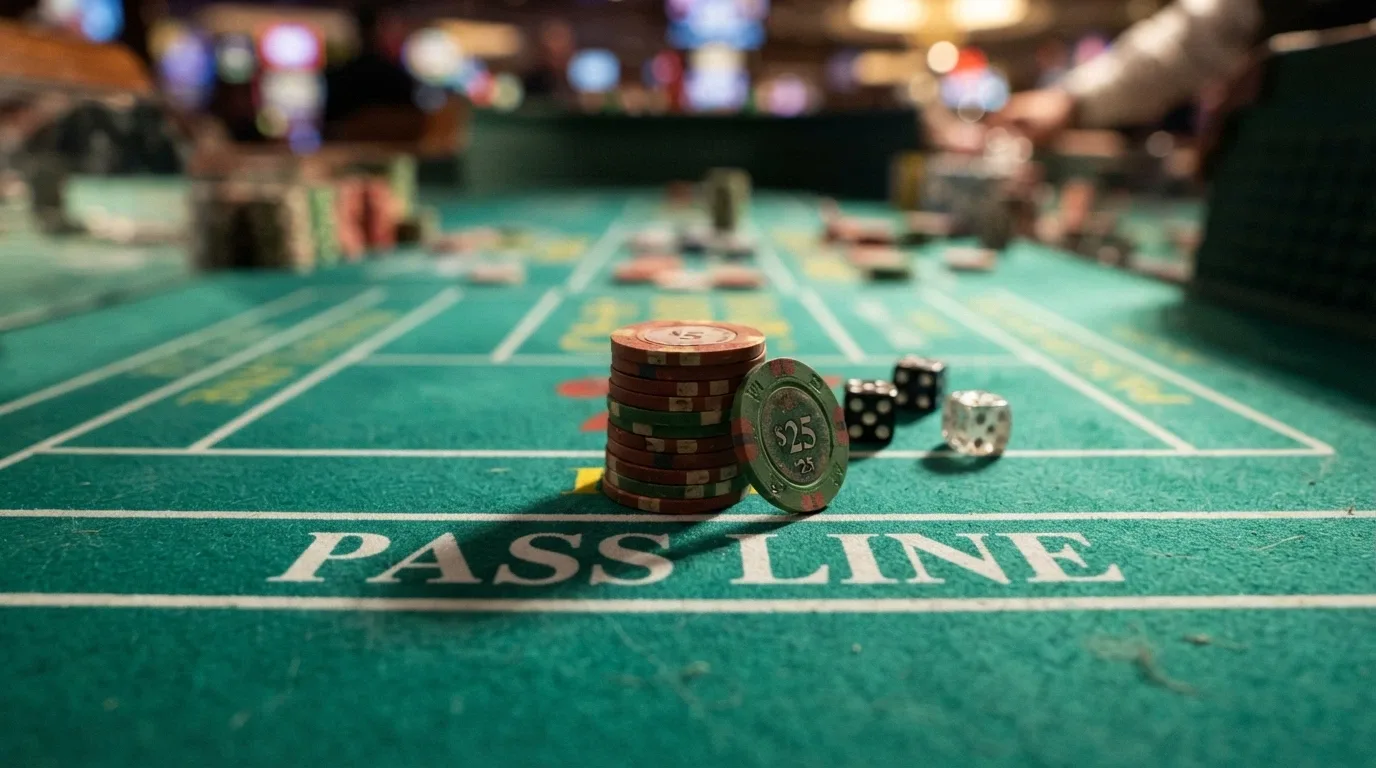 A close-up of the pass line area of a craps table with chips stacked behind it, representing an odds bet placed at full value