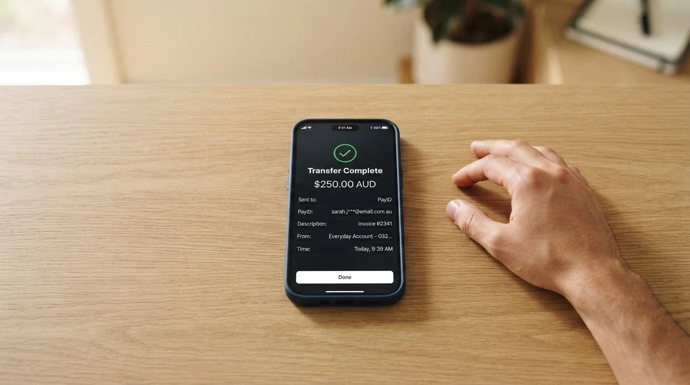 A smartphone screen showing an Australian banking app with the PayID transfer confirmation screen, the transaction amount and timestamp visible