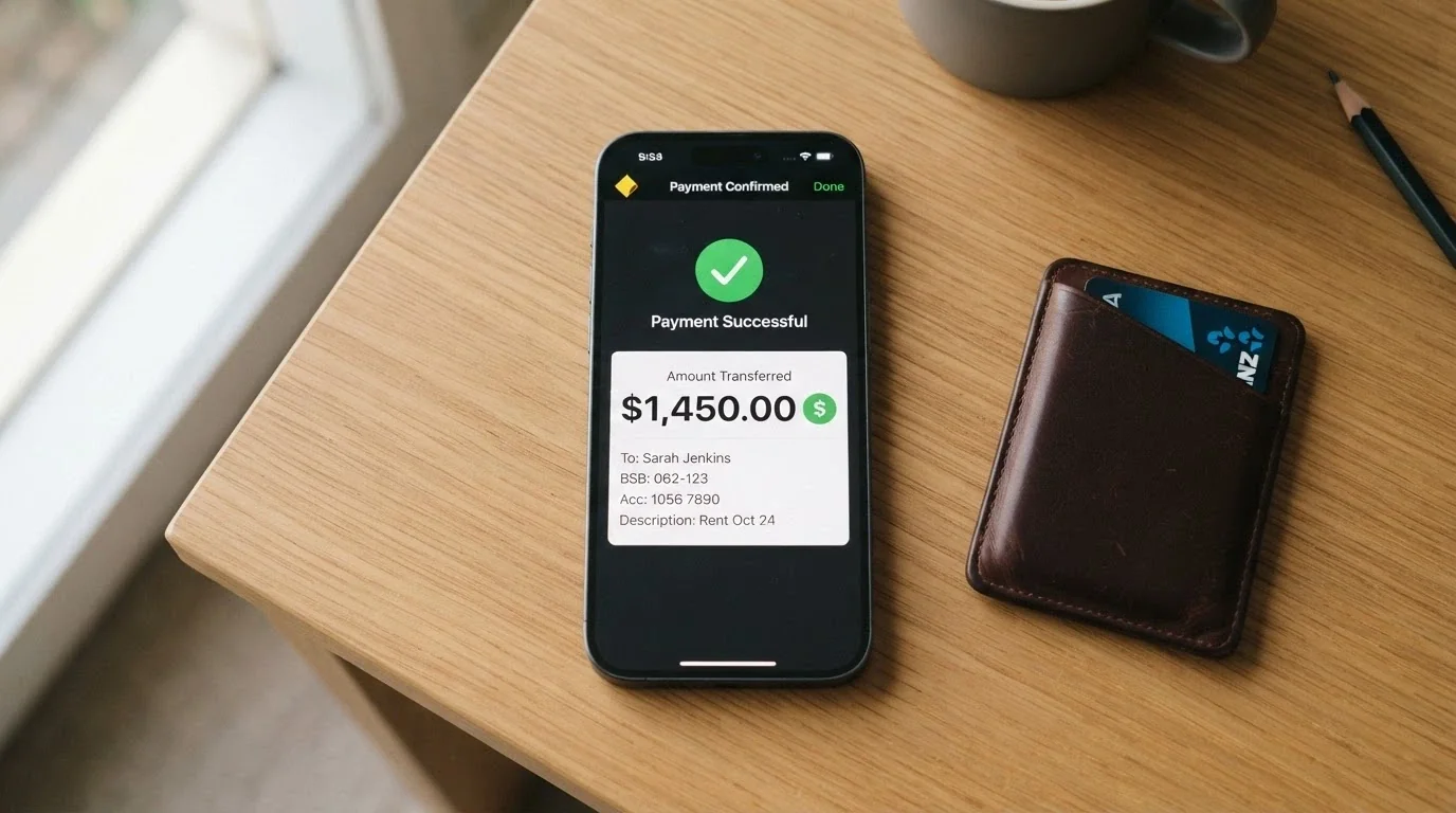 A smartphone showing a banking app with a PayID transfer confirmation for a casino deposit