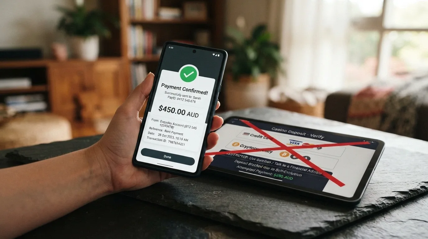 A smartphone showing a banking app with PayID transfer confirmation on one side, and a casino deposit screen with credit-card and crypto options crossed out in red on the other