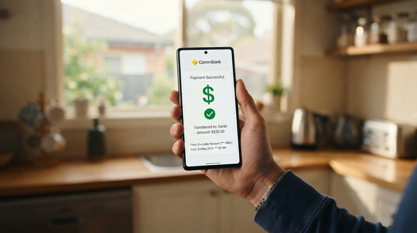 A smartphone banking app screen showing a PayID transfer confirmation with the casino name as the recipient