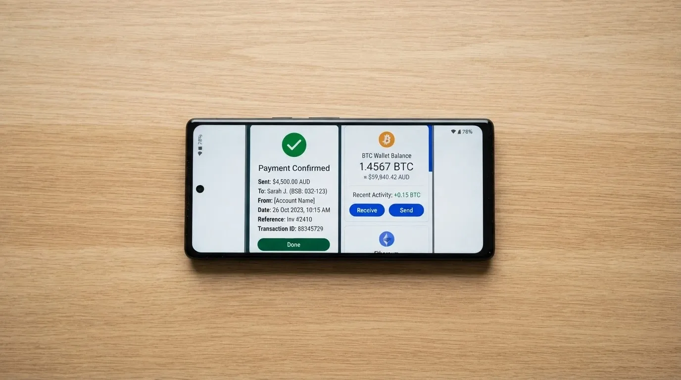 A smartphone showing a PayID bank transfer confirmation alongside a crypto wallet interface