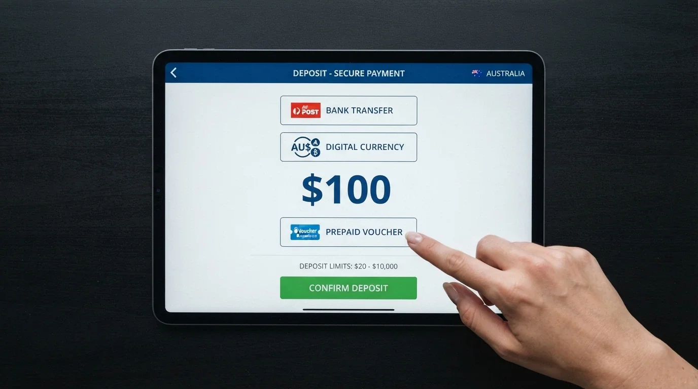 An iPad displaying a casino cashier screen with PayID, Bitcoin and USDT deposit options visible