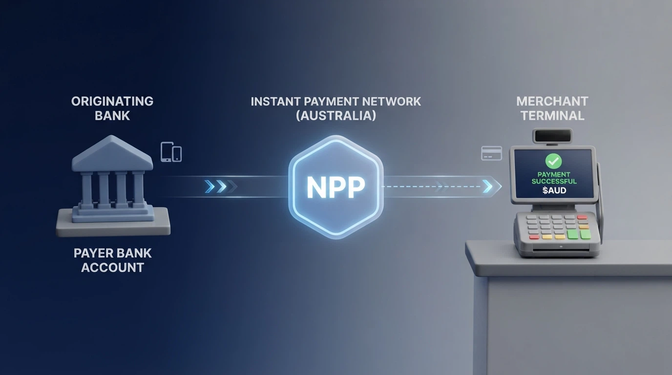 A diagram of the PayID payment flow from an Australian bank account through the NPP to an offshore casino cashier, with a deposit-confirmation screen