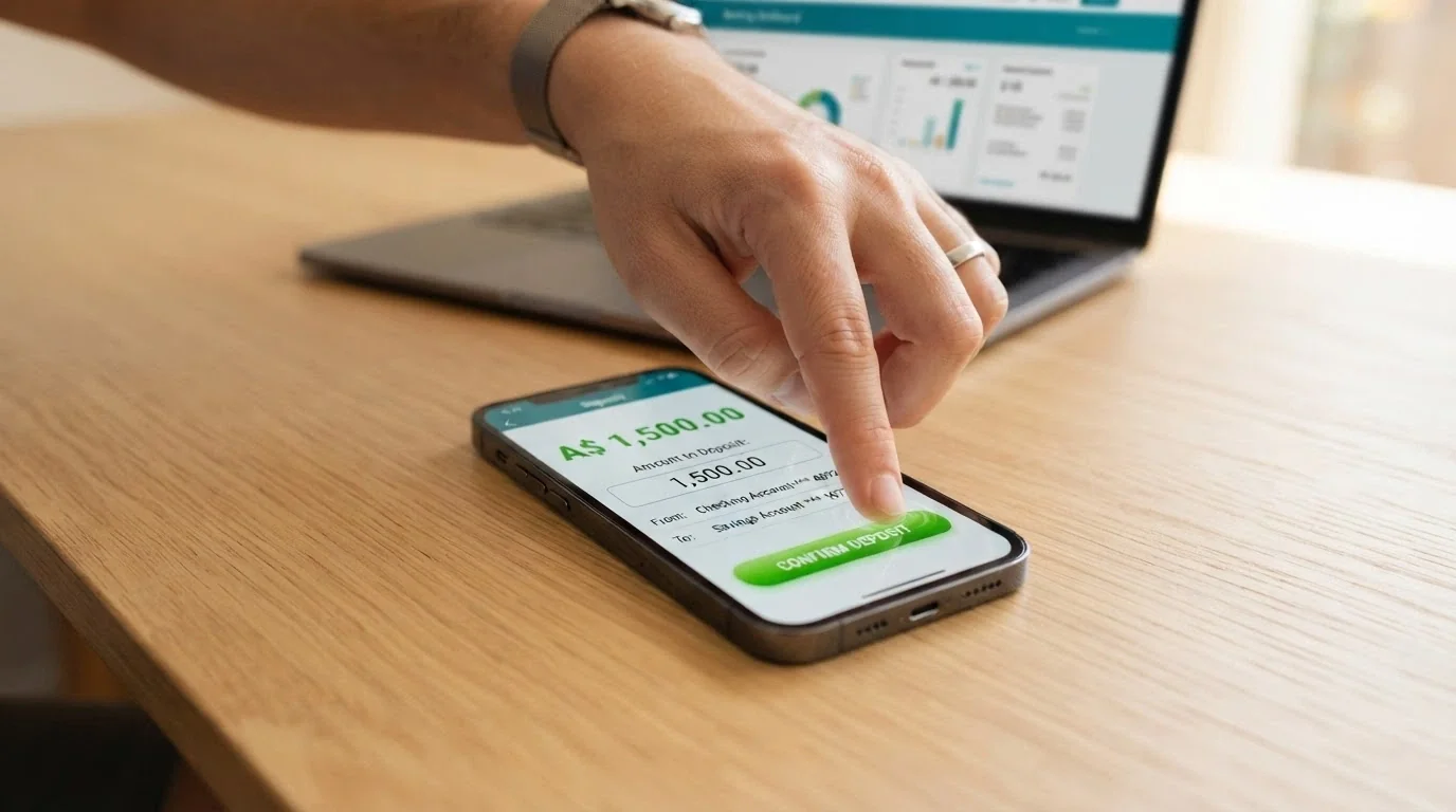 An iPhone showing a PayID deposit screen with the amount field and an Australian banking app visible in the app switcher