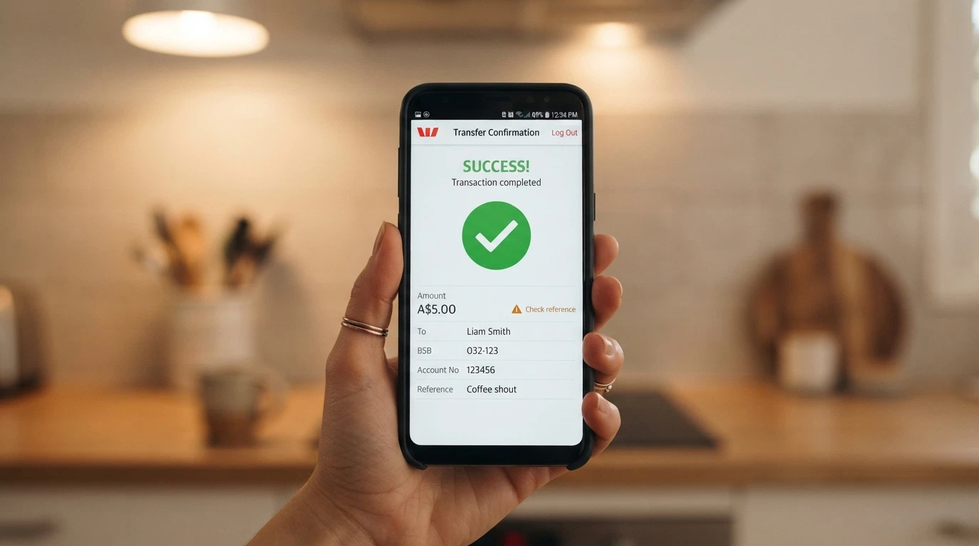 A banking app screen showing a PayID transfer with the casino name obscured, next to a warning symbol