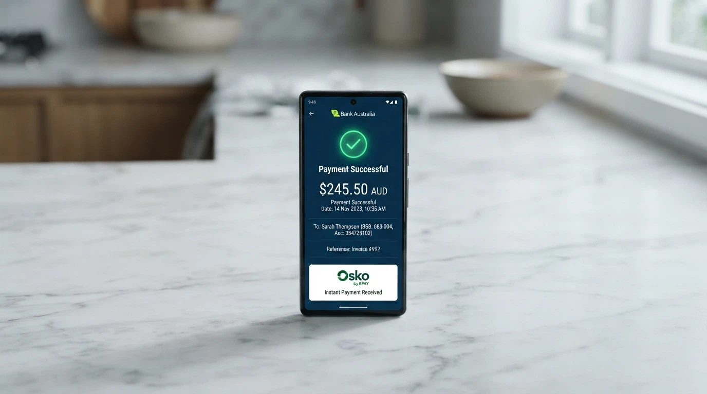 A smartphone showing a banking app with a PayID transfer confirmation screen — the amount, recipient reference and Osko instant-payment badge visible