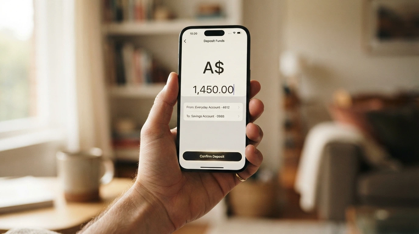A smartphone screen showing a PayID deposit interface sending Australian dollars to a casino account